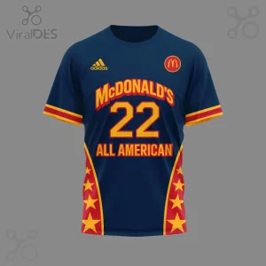 Navy red yellow sports jersey with adidas logo, McDonalds 22 ALL AMERICAN text, and M logo, featuring yellow stars!