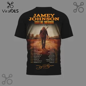 Back of black t-shirt with orange text Jamey Johnson Traveling Troubadour Tour and list of concert dates and cities!