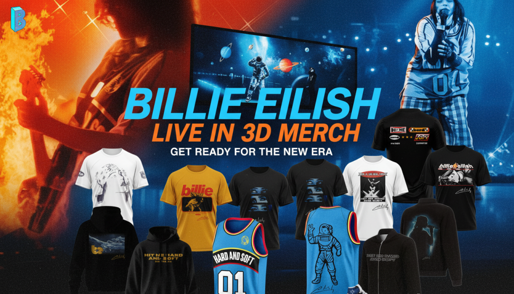 Official Billie Eilish Live In 3D Merch collection banner for Hit Me Hard and Soft tour featuring jerseys and sneakers