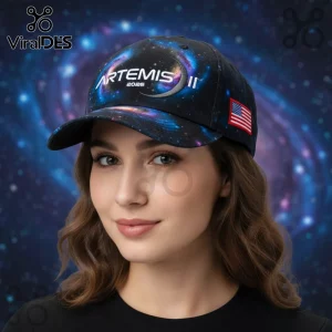 Black galaxy print baseball cap with white text ARTEMIS II 2026 and an American flag patch on the side!