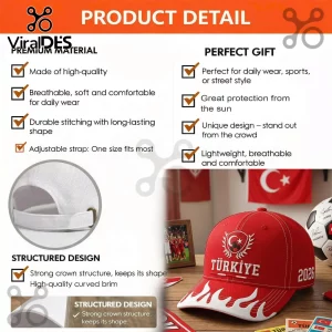 Red baseball cap with white flames on the brim, the Turkish flag crest, and text 