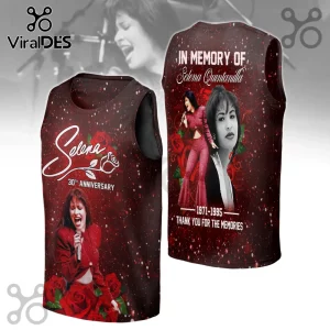 Selena Quintanilla 30th Anniversary tank top in red and black with memorial text In Memory Of and Thank You For The Memories!