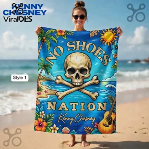Blue beach towel with skull and crossbones says 'NO SHOES NATION Kenny Chesney' with palm trees, sun, and guitar design!