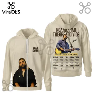 Cream zip hoodie with Noah Kahan photo! Back reads 'NOAH KAHAN THE GREAT DIVIDE AUS NZ EU UK TOUR 2026' with concert dates!