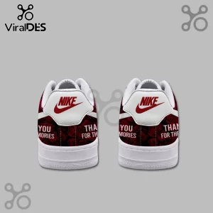 Custom white sneakers with a red rose pattern and text reading Thank You For The Memories across the heels.!