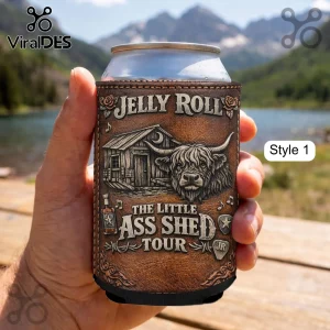 Jelly Roll The Little Ass Shed Tour can cooler with a brown leather texture, Highland cow graphic, and rustic shed!