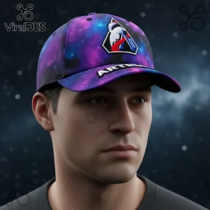 Galaxy print baseball cap with purple and blue stars and an embroidered Artemis space program logo patch on the front!