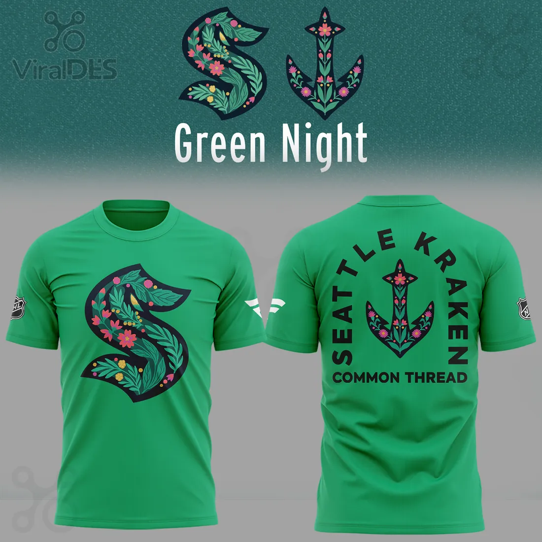 Seattle Kraken Green Night Floral “S” Logo Limited Edition T-Shirt Seattle Kraken Green Night Floral “S” Logo Limited Edition T-Shirt