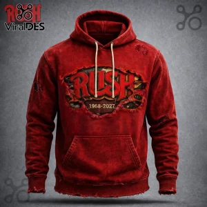Distressed red hoodie with Rush rock band logo ripped graphic and text reading '1968-2027'!