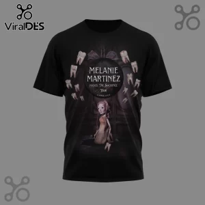 Black t-shirt with Melanie Martinez Hades: The Sacrifice Tour text inside a circle of teeth graphic and a doll figure below!