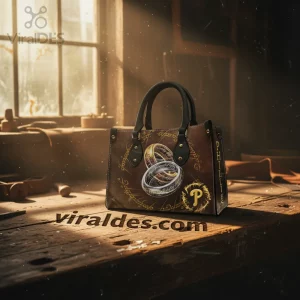 Brown leather-look tote bag with fantasy rings, gold script, and gold Phillies 