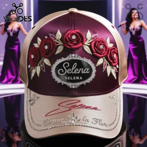 Burgundy and gold Selena hat with embroidered red roses, rhinestones, and text 'Selena' and 'Como la Flor' on the brim!