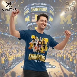 Dark blue tee, NCAA Men's Basketball Champions 2025-2026 gold text, player collage, bold M logo design!