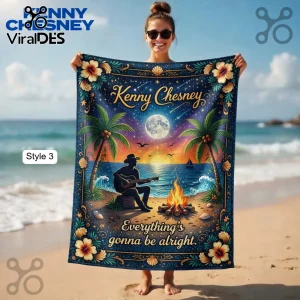 Kenny Chesney blanket with tropical beach scene, guitar player, campfire, and text Everything's gonna be alright!