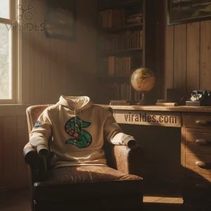 Tan hoodie features a large S logo filled with green leaves, red flowers, yellow dots; subtle sports patch on sleeve!