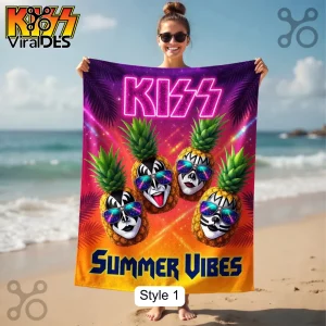 Premium KISS Rock Band Tropical Pineapple Summer Vibes Beach Towel