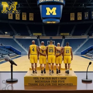 Michigan Fab Five figurine in yellow jerseys with text 'Yes I'm Old But I Saw Michigan Fab Five Thank You For The Memories'!