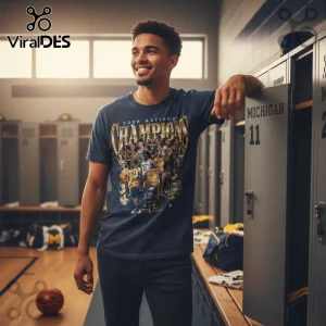 Navy retro sports tee with distressed gold 2026 NATIONAL CHAMPIONS text, collegiate basketball player collage, trophy graphic, NCAA!
