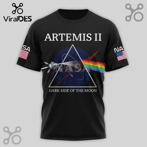 Black t-shirt with NASA Artemis II Dark Side of the Moon parody design featuring an Orion spacecraft and a rainbow prism!