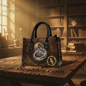 Brown fantasy tote bag featuring gold Elvish script, three stacked metal rings, and gold 'WHITE SOX' text with 'S' logo!