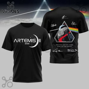 Black t-shirt with white Artemis II 2026 text on front and a Dark Side of the Moon space mission graphic on back!