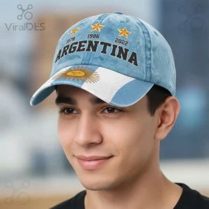 Washed blue baseball cap with ARGENTINA text, gold stars 1978 1986 2022, and Argentina flag sun on brim!