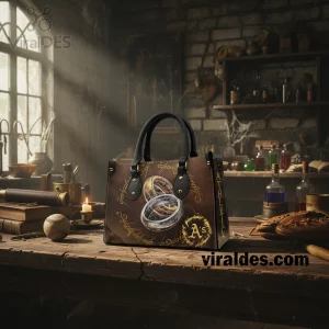 Dark brown fantasy handbag with gold and silver rings, Elvish script, a yellow 