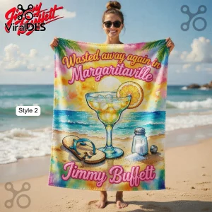 Watercolor beach towel with text 'Wasted away again in Margaritaville Jimmy Buffett', a margarita, flip-flops, and a salt shaker!