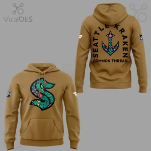 Brown hoodie with floral Seattle Kraken S logo front! Back features floral anchor and text SEATTLE KRAKEN COMMON THREAD!