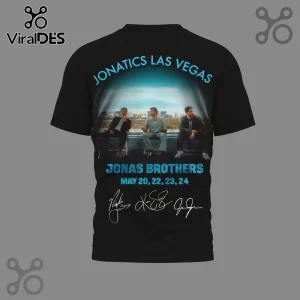 Black t-shirt with Jonas Brothers photo and teal text Jonatics Las Vegas May 20, 22, 23, 24 with signatures!