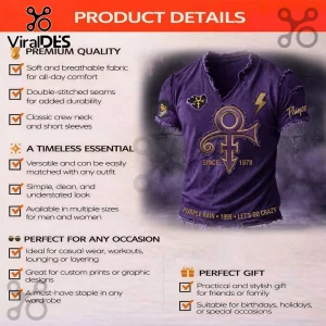 Purple distressed vintage tee with gold Prince love symbol, lightning bolt, SINCE 1978, PURPLE RAIN 1999 LETS GO CRAZY text!