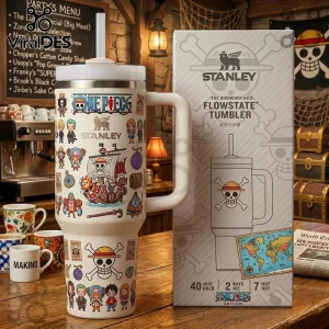 White Stanley One Piece Quencher FlowState tumbler with colorful anime characters, Thousand Sunny ship, Straw Hat Jolly Roger designs!