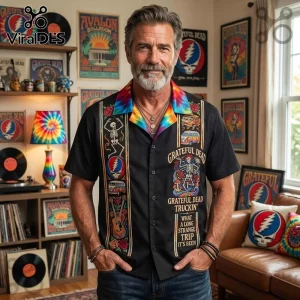 Black Grateful Dead button-down shirt with tie-dye collar, skeleton graphic, guitar, and Truckin lyrics text design!