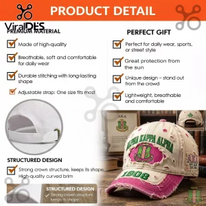 Distressed tan and pink Alpha Kappa Alpha baseball cap with green text and ivy leaf embroidery on adjustable strap back!