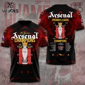 Black and red Arsenal FC Premier League 25/26 championship t-shirt with team roster and trophy graphic!