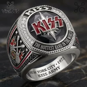 Silver championship ring featuring red KISS logo, black faceted center, 'THE HOTTEST BAND IN THE WORLD', guitars, flames, 'DETROIT ROCK CITY', 'NEW YORK CITY 1973 KISS ARMY' text!