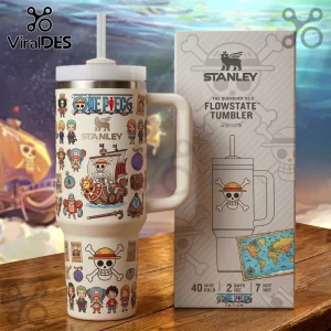 Cream Stanley Flowstate Tumbler with colorful One Piece anime characters, Straw Hat Skull logo, 