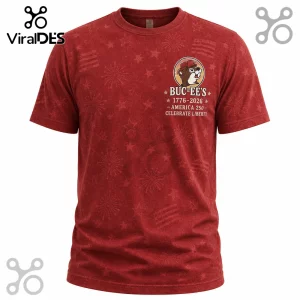 Red Buc-ees America 250 t-shirt with beaver logo, star and firework pattern, and 1776-2026 text!
