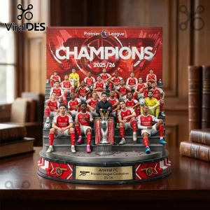 Arsenal FC 2025/26 Premier League Champions trophy display with team figures and red brick background design!