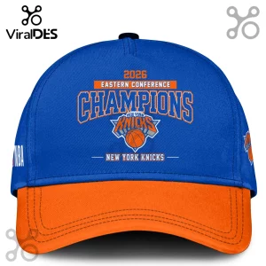 Blue and orange New York Knicks 2026 Eastern Conference Champions baseball cap with basketball logo!
