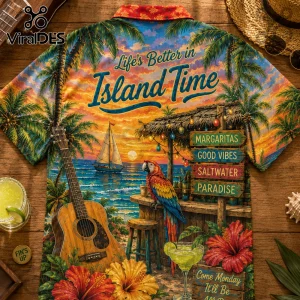 Colorful tropical button-down shirt featuring beach sunset artwork, parrot, guitar, and Life is Better in Island Time text!