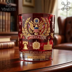 Red glass tumbler with gold American eagle emblem and text America 250 1776 2026 United States of America anniversary!