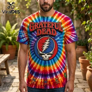 Tie dye Grateful Dead t-shirt with Steal Your Face logo and dancing bears, vibrant red blue yellow colors, vintage style!