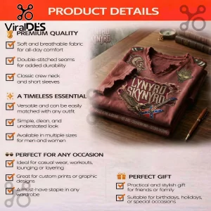 Maroon Lynyrd Skynyrd t-shirt with eagle and guitar graphics plus band song titles in a rugged vintage design style!