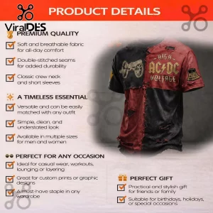 Distressed red black split AC/DC t-shirt with cannon graphic, 'HIGH AC/DC VOLTAGE' text, and 'HELL'S BELLS' patch!