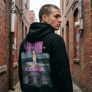 Black hoodie featuring a vintage Kesha The Freedom Tour graphic with pink text and ocean photo on the back!
