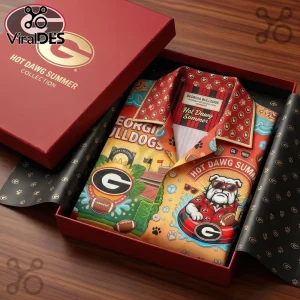 Georgia Bulldogs tropical shirt with bulldog mascot, footballs, and Hot Dawg Summer text in red, gold, and green colors!