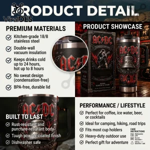 AC/DC Back In Black stainless steel tumbler with lightning and bell graphics in red and black colors!