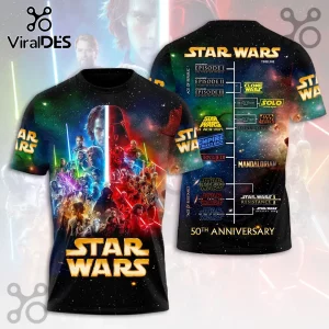 Star Wars 50th Anniversary t-shirt with galaxy print, character collage front, and film timeline graphic back!
