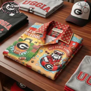 Colorful Georgia Bulldogs summer button-up shirt with graphic illustrations of a bulldog in a tube and football motifs!